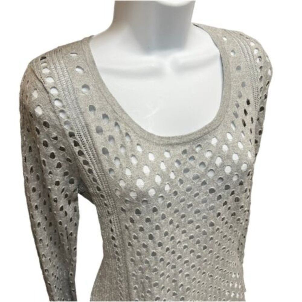 Rock & Republic Women's L Sweater Grey Metallic Top Fishnet Distressed Punk Club
